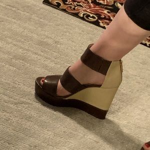 Michael KORS leather & linen platform wedge sandal